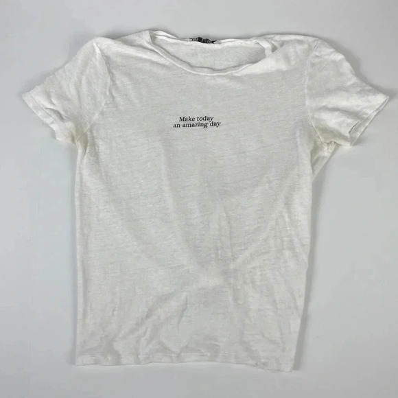 3/$15 Minimalist Casual Graphic light weight tie back white tee  short sleeve XS - Picture 4 of 10